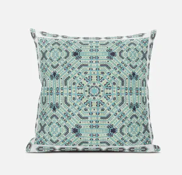 20" X 20" Blue Light Green Geometric Blown Seam Suede Throw Pillow