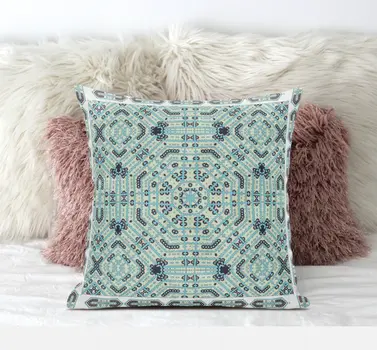 20" X 20" Blue Light Green Geometric Blown Seam Suede Throw Pillow