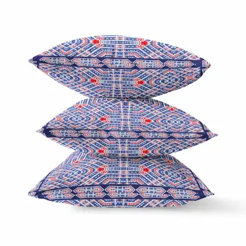 18" X 18" Indigo Red Geometric Blown Seam Suede Throw Pillow