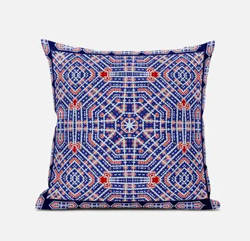 20" X 20" Indigo Red Geometric Blown Seam Suede Throw Pillow
