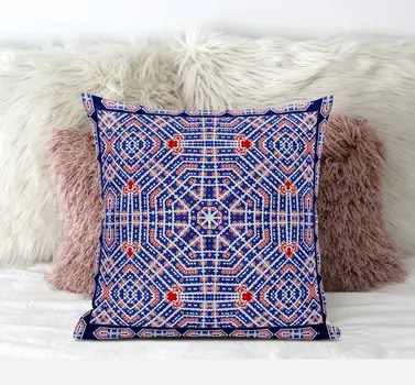 20" X 20" Indigo Red Geometric Blown Seam Suede Throw Pillow