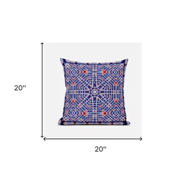 20" X 20" Indigo Red Geometric Blown Seam Suede Throw Pillow