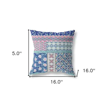 16"X16" Blue And Pink Microsuede Patchwork Zippered Pillow