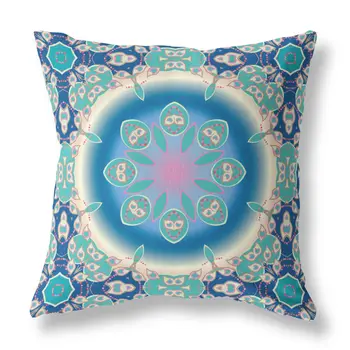 18" X 18" Blue And Turquoise Geometric Blown Seam Suede Throw Pillow