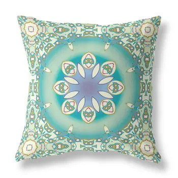 20" X 20" Beige And Green Geometric Blown Seam Suede Throw Pillow