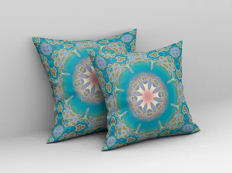 18" X 18" Blue And Green Geometric Blown Seam Suede Throw Pillow