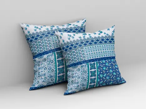 20"X20" Blue And White Microsuede Patchwork Blown Seam Pillow