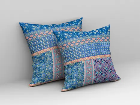 20"X20" Blue And Yellow Microsuede Patchwork Blown Seam Pillow