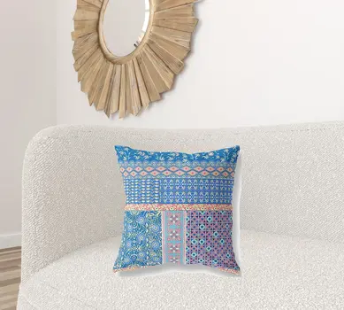 20"X20" Blue And Yellow Microsuede Patchwork Blown Seam Pillow