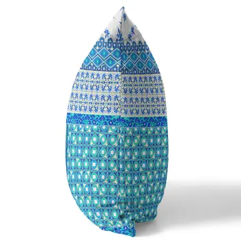 16"X16" Blue And White Microsuede Patchwork Blown Seam Pillow