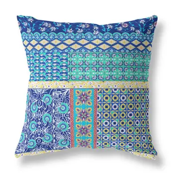 18"X18" Blue And Yellow Microsuede Patchwork Blown Seam Pillow
