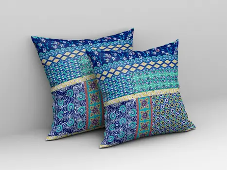 20"X20" Blue And Yellow Microsuede Patchwork Blown Seam Pillow