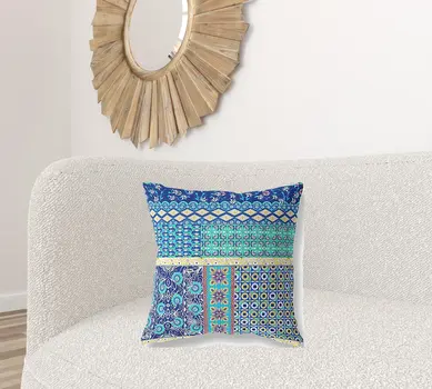 20"X20" Blue And Yellow Microsuede Patchwork Blown Seam Pillow