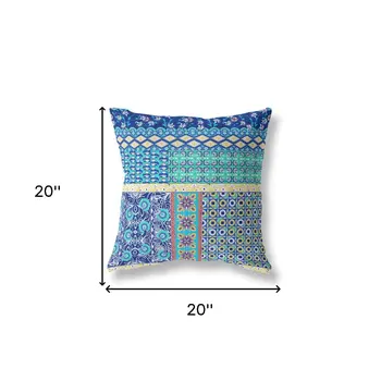 20"X20" Blue And Yellow Microsuede Patchwork Blown Seam Pillow