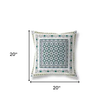 20" X 20" White And Green Floral Blown Seam Suede Throw Pillow