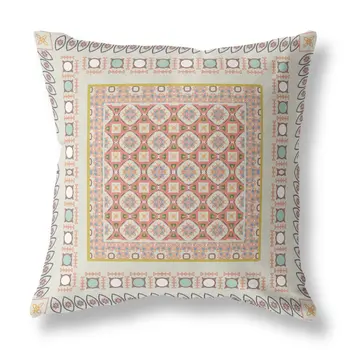 18" X 18" Off White And Orange Floral Blown Seam Suede Throw Pillow