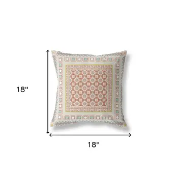 18" X 18" Off White And Orange Floral Blown Seam Suede Throw Pillow