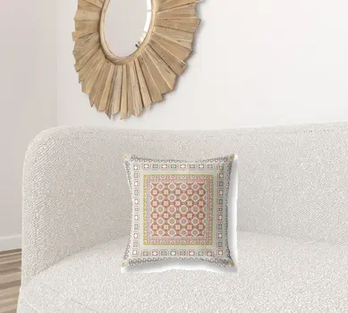 18" X 18" Off White And Orange Floral Blown Seam Suede Throw Pillow