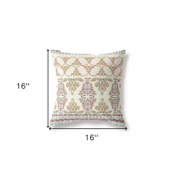 16" X 16" Off White And Orange Stencil Blown Seam Suede Throw Pillow