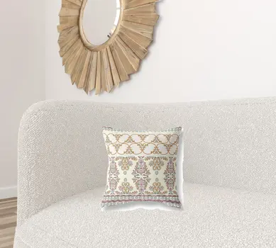 16" X 16" Off White And Orange Stencil Blown Seam Suede Throw Pillow