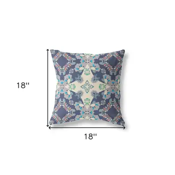 18" X 18" Blue And Off White Floral Blown Seam Suede Throw Pillow