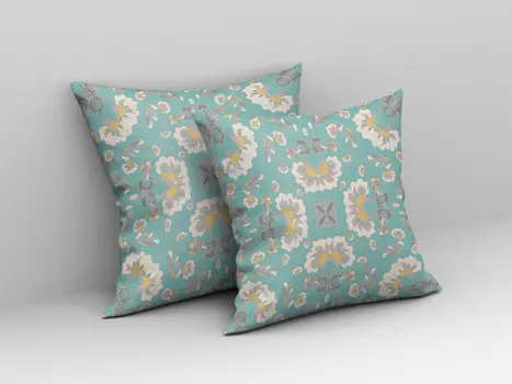 18" X 18" Green And White Floral Blown Seam Suede Throw Pillow
