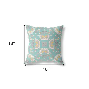18" X 18" Green And White Floral Blown Seam Suede Throw Pillow