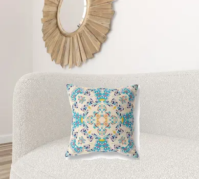 20" X 20" Off White And Blue Abstract Blown Seam Suede Throw Pillow
