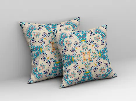 20" X 20" Off White And Blue Abstract Blown Seam Suede Throw Pillow