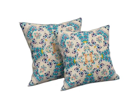 20" X 20" Off White And Blue Abstract Blown Seam Suede Throw Pillow