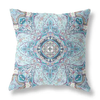 28" X 28" Light Blue Blown Seam Geometric Indoor Outdoor Throw Pillow Cover & Insert