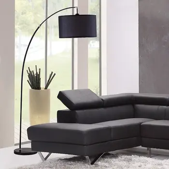 86" Black Metal Arc Floor Lamp With Black Fabric Drum Shade