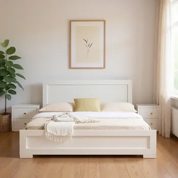 Moma White Wood Platform Queen Bed With Two Nightstands