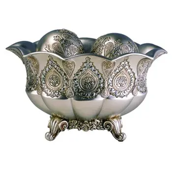 7" Silver Scalloped Design Polyresin Decorative Bowl With Orbs