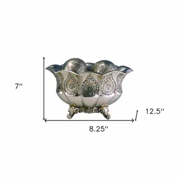 7" Silver Scalloped Design Polyresin Decorative Bowl With Orbs