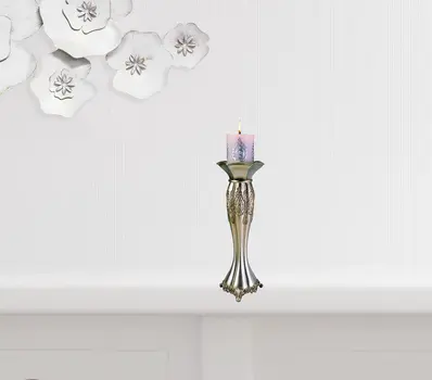 Set of Two Silver Metallic Polyresin Ornate Tabletop Pillar Candle Holders With Candle