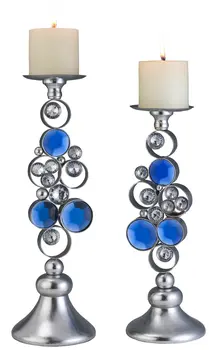 Set Of Two Silver and Blue Bling Tabletop Pillar Candle Holders