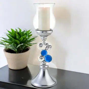 21" Silver and Blue Faux Crystal Bling Hurricane Candle Holder