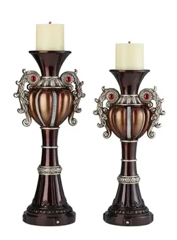 Set Of Two Bronze Tabletop Urn Shape Pillar Candle Holders