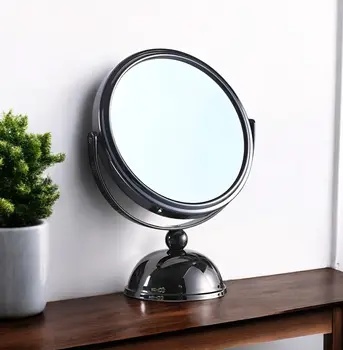 9" Black Round Metal Framed Makeup Shaving Tabletop Mirror