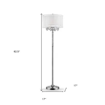 63" Silver Three Light Candelabra Floor Lamp With White Fabric Drum Shade