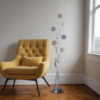 59" Silver Six Light LED Novelty Floor Lamp With Purple And White Metal Novelty Shade