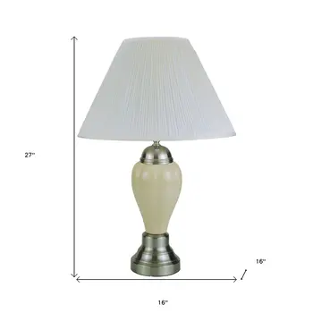 27" Ivory and Silver Ceramic Urn Table Lamp With White Empire Shade