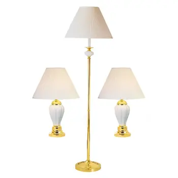 Set Of Three 64" Gold and White Ceramic Bedside Floor and Table Lamp Set With Off White Empire Shade