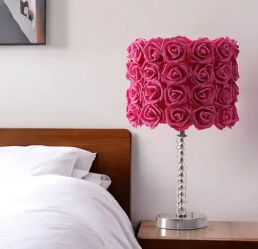 18" Silver Bedside Led Table Lamp With Red Flowers Drum Shade