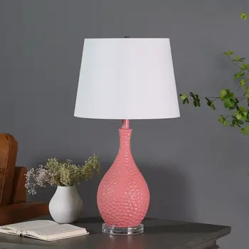 28" Pink Hammered Urn Table Lamp With White Tapered Drum Shade