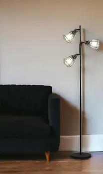 66" Black Metal Three Light Tree Floor Lamp With Black Metal Cage Shade