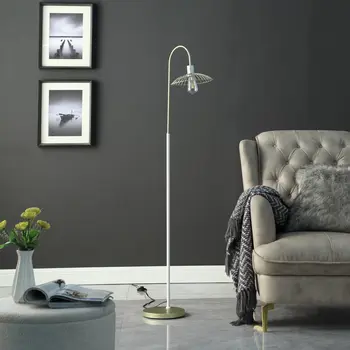 64" Gold And White Arched Floor Lamp With Gold Metal Cage Shade