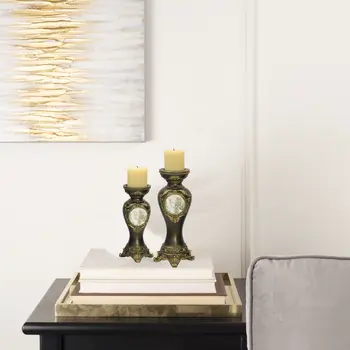 Set Of Two Bronze Greek Cameo Pillar Candle Holders