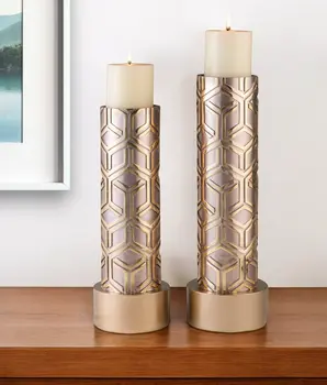 Set Of Two Gold Tabletop Pillar Candle Holders